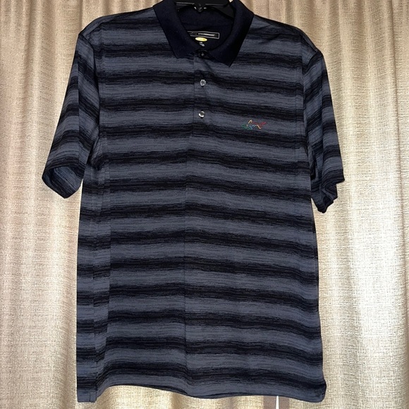 Greg Norman Mens Large Black Gray Striped Button Short Sleeve Polo - Picture 1 of 12